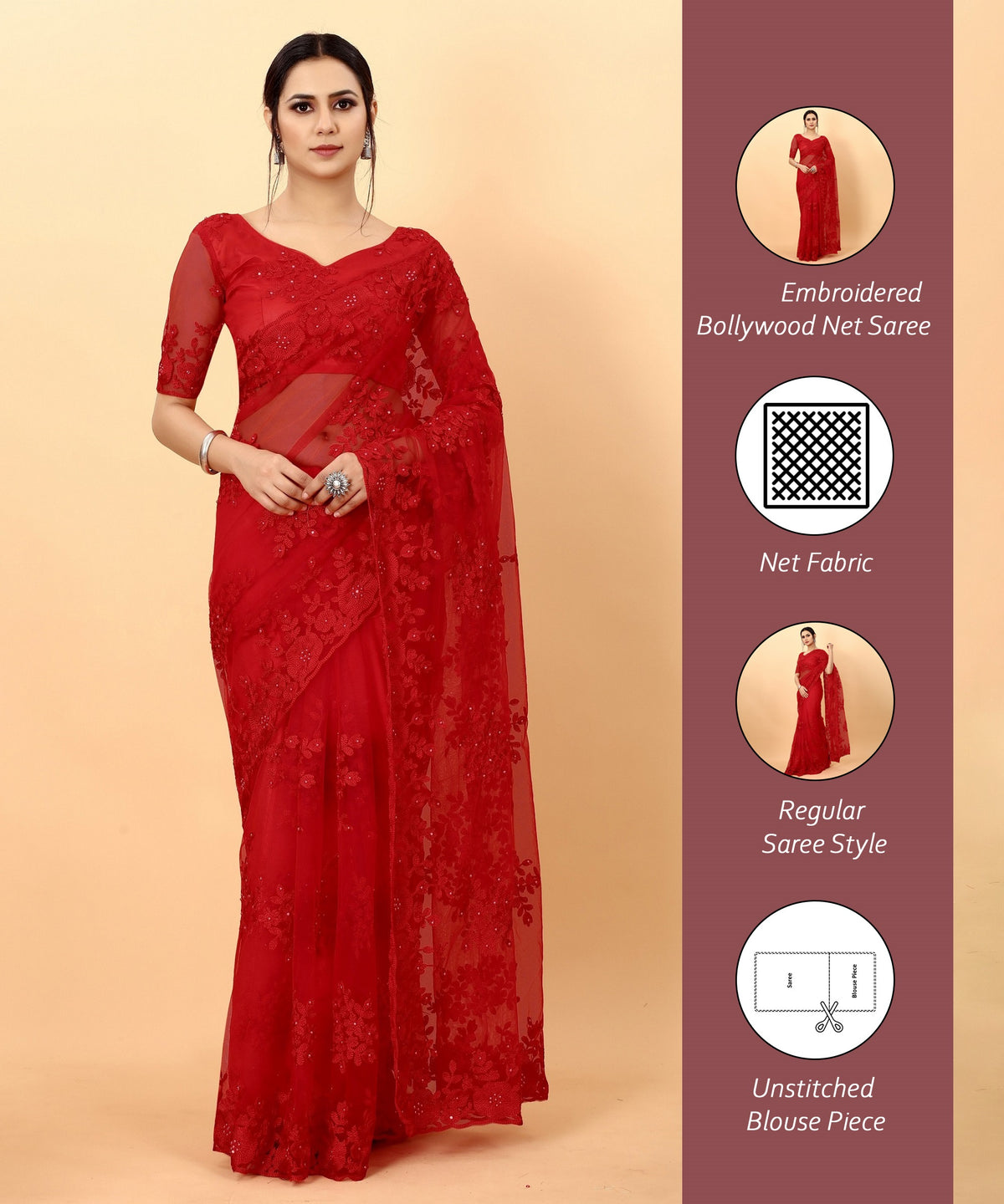 Red Soft Net Beads Work Motif net Embroidery Cut Work C-Pallu Saree