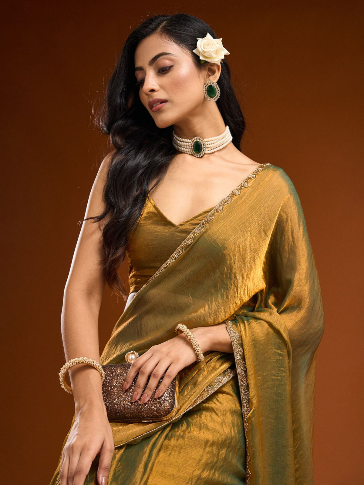 Chiffon Two-Toned Crushed Saree with Beads & Stone Embellishments – Elegant Party & Festive Wear