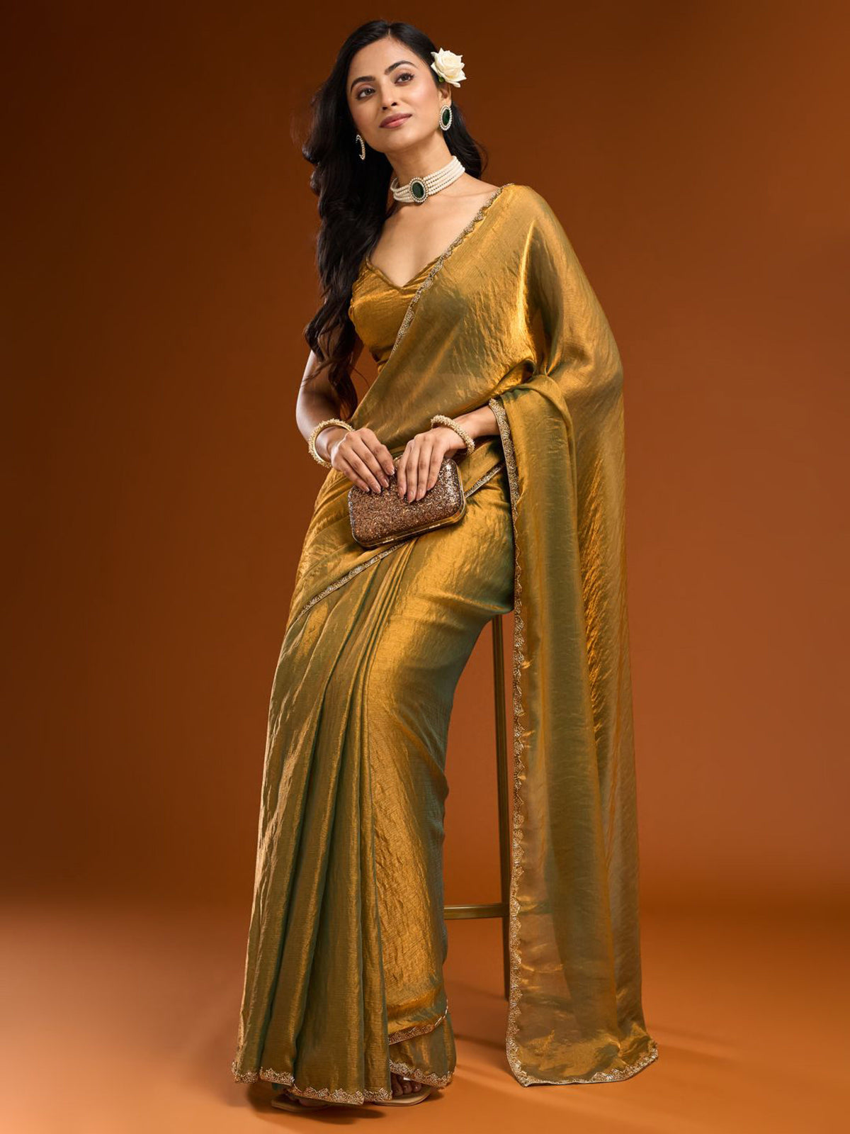 Chiffon Two-Toned Crushed Saree with Beads & Stone Embellishments – Elegant Party & Festive Wear