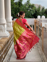 Elegant Green and Pink Banarasi Silk Saree with Zari and Meenakari Weaving