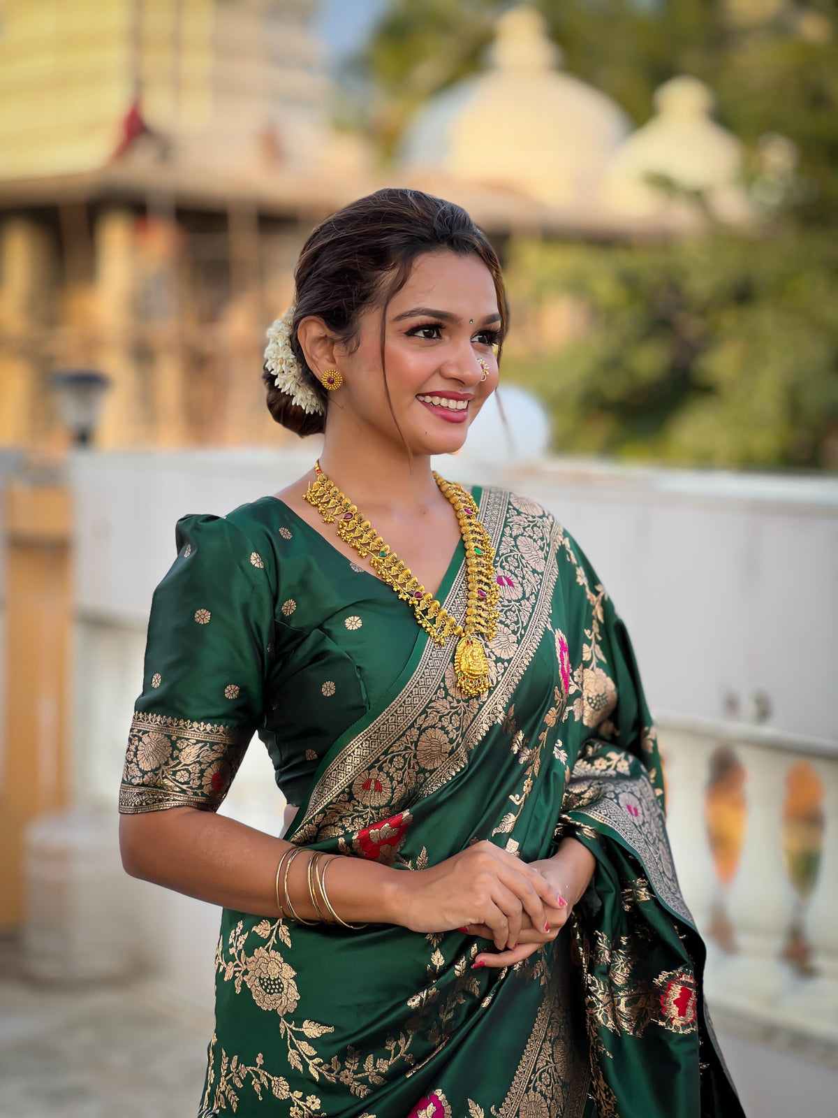 Elegant Green Banarasi Soft Silk Saree with Golden Zari Weaving Saree