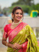 Elegant Green and Pink Banarasi Silk Saree with Zari and Meenakari Weaving