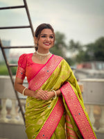 Elegant Green and Pink Banarasi Silk Saree with Zari and Meenakari Weaving