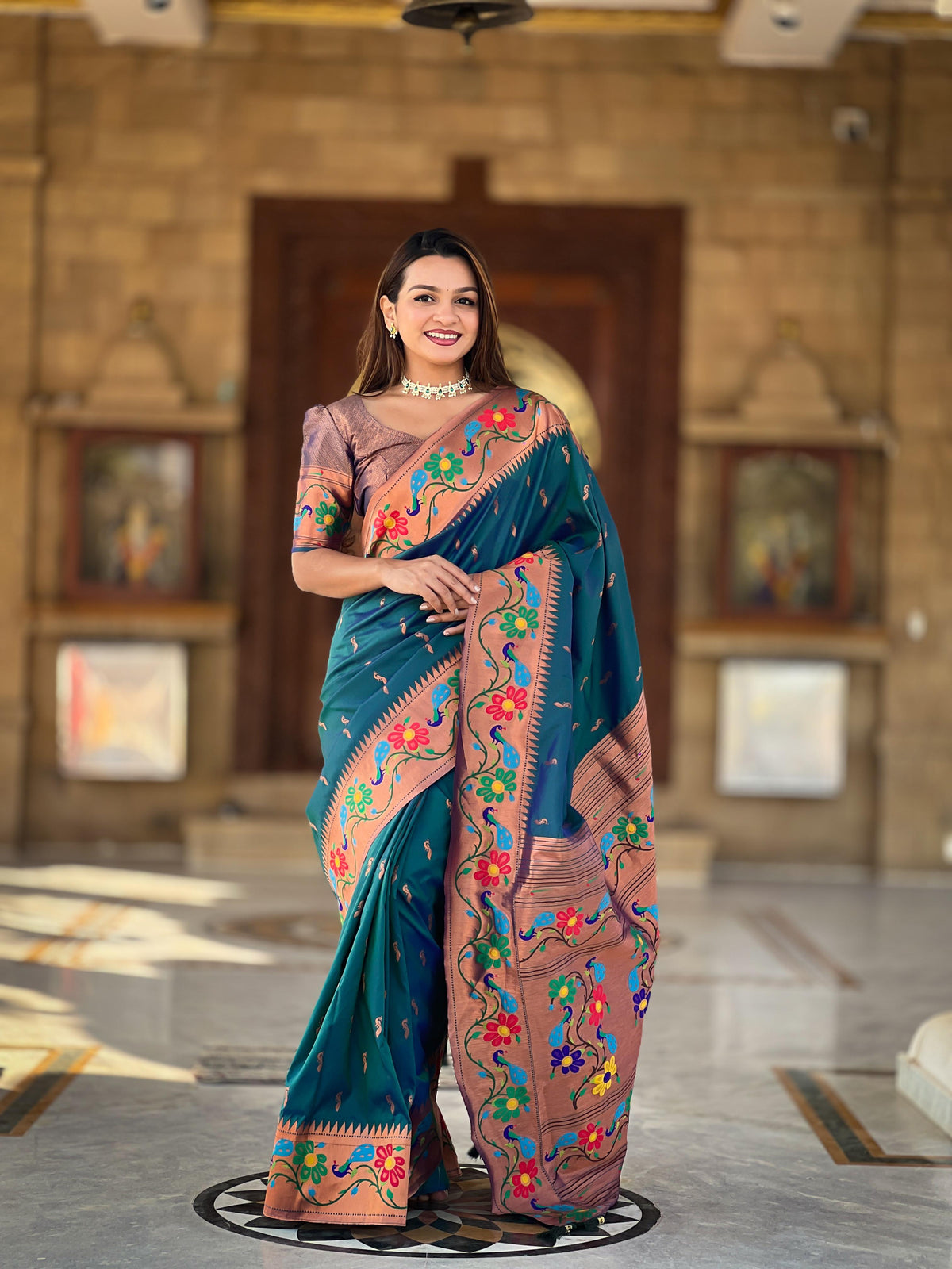 Morpich and Gold Soft Pethani Silk Meenakari weaving Grand Occasion Saree For Women