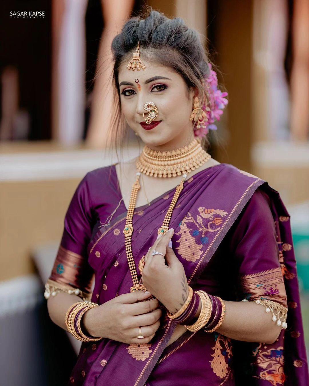 Purple Paithani Silk Saree with Gold Zari & Peacock Motif - Bridal & Festive Traditional Wear