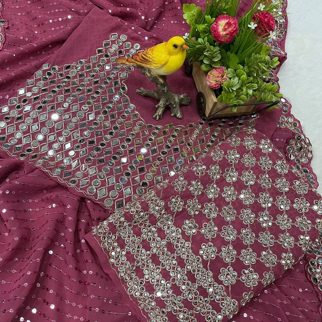 Onion Pink Georgette Saree with Heavy Real Mirror and sequined Work | Designer Saree with Blouse for Wedding & Party