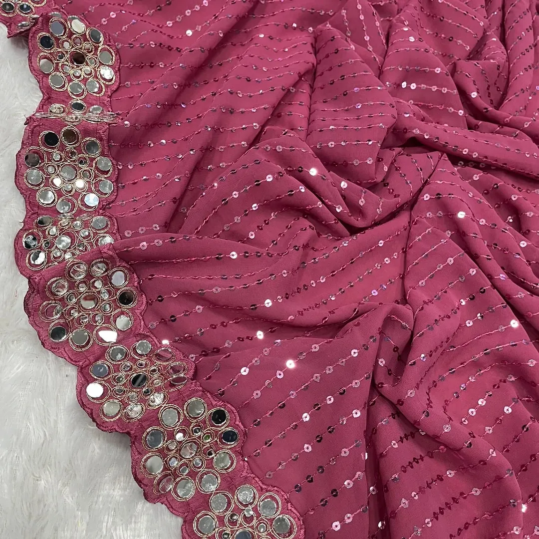 Onion Pink Georgette Saree with Heavy Real Mirror and sequined Work | Designer Saree with Blouse for Wedding & Party
