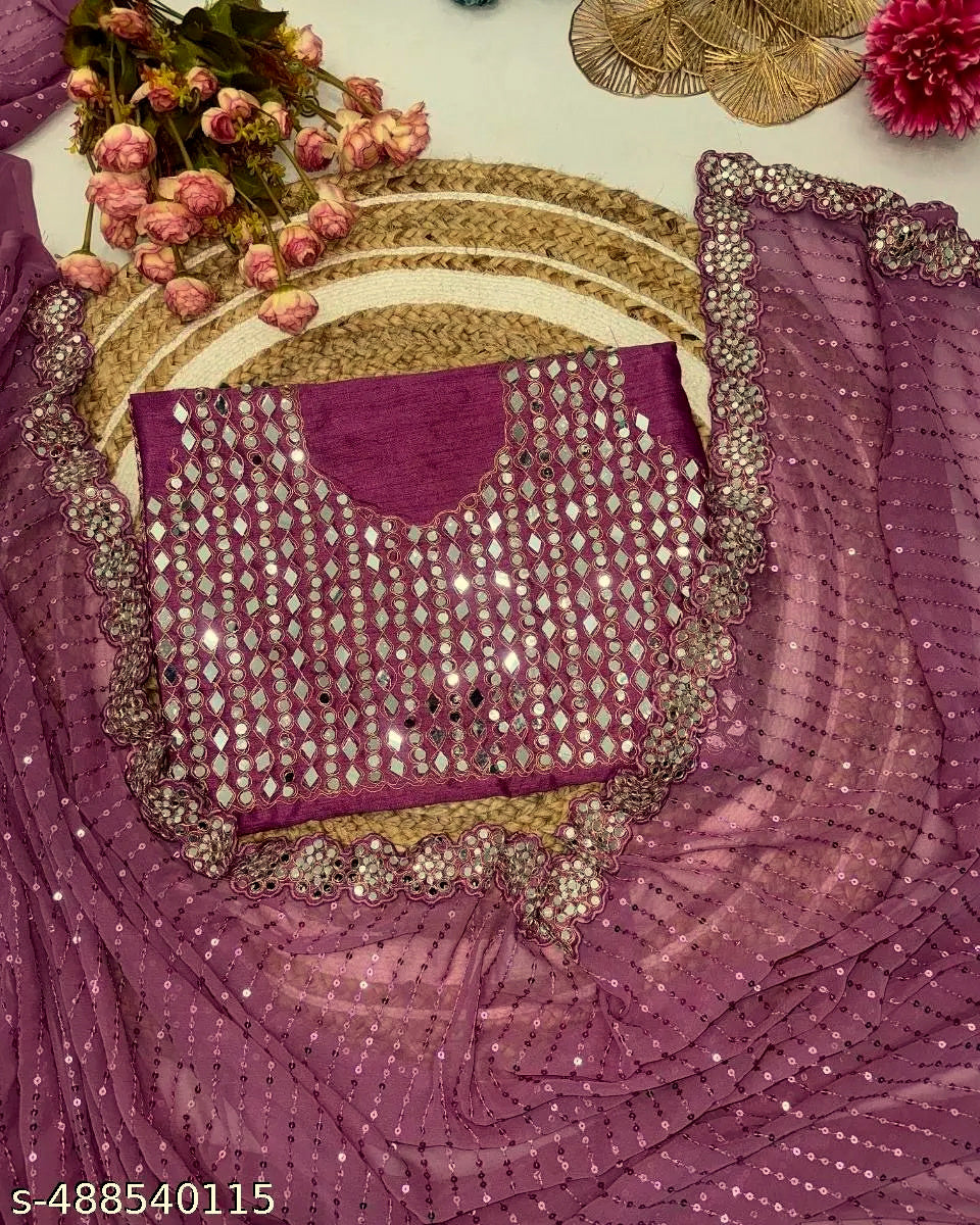 Onion Pink Georgette Saree with Heavy Real Mirror and sequined Work | Designer Saree with Blouse for Wedding & Party