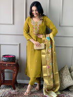 Elegant Mustard Embroidered Chanderi Silk and Jacquard Butti Dupatta Set