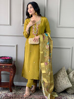 Elegant Mustard Embroidered Chanderi Silk and Jacquard Butti Dupatta Set