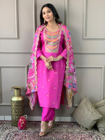 Elegant Pink Embroidered Chanderi and Jacquard Butti Dupatta Set