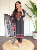 Women’s Black Embroidered Chanderi Silk Kurta Set with Jacquard Butti Dupatta
