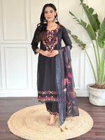 Women’s Black Embroidered Chanderi Silk Kurta Set with Jacquard Butti Dupatta