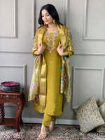 Elegant Mustard Embroidered Chanderi Silk and Jacquard Butti Dupatta Set