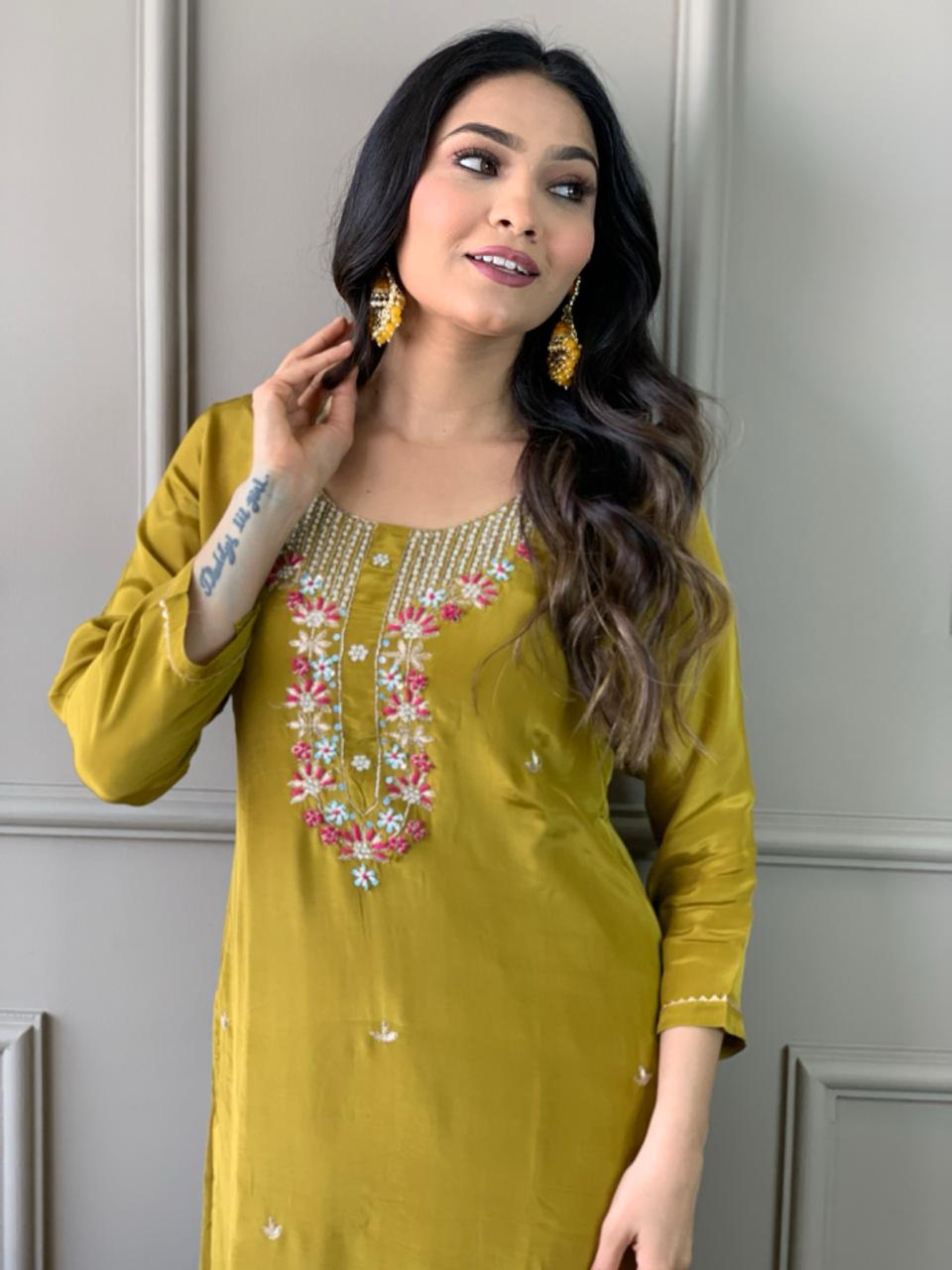 Elegant Mustard Embroidered Chanderi Silk and Jacquard Butti Dupatta Set