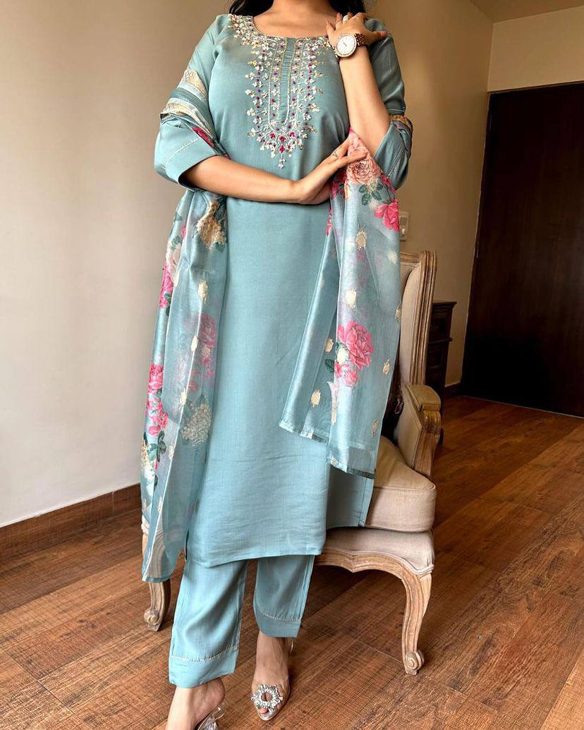 Premium Women’s Sky Blue Embroidered Chanderi Silk Kurta Set with Floral Printed Jacquard Butti Dupatta – Festive and Wedding Ready Outfit