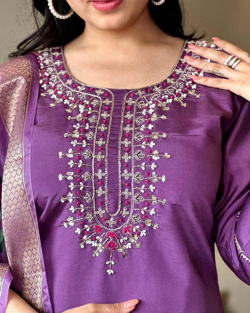 Elegant Purple Embroidered Chanderi Silk Kurta Set with Floral Jacquard Butti Dupatta – Ethnic Wear for Festive & Wedding Occasions