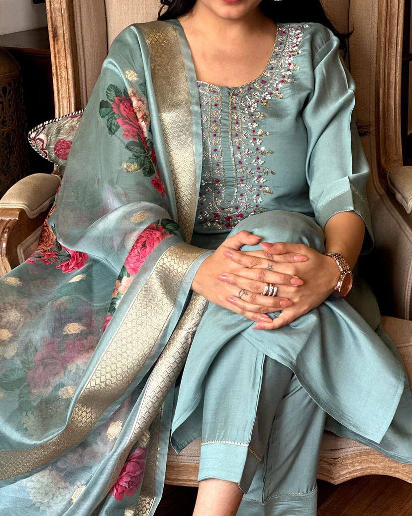 Premium Women’s Sky Blue Embroidered Chanderi Silk Kurta Set with Floral Printed Jacquard Butti Dupatta – Festive and Wedding Ready Outfit