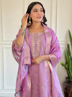 Luxurious Lavender Embroidered Chanderi Silk Suit Set with Jacquard Butti Dupatta