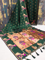 Dark Green Banarasi Silk Saree with Golden Zari & Peacock Motifs - Wedding & Festive Wear