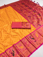 Yellow And Pink Border Zari Weaving Paithani Soft Silk Saree with Tassels