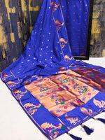 Royal Blue Banarasi Silk Saree with Golden Zari And Peacock Motif - Traditional Wedding And Festive Wear