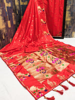 Red Banarasi Silk Saree with Golden Zari & Peacock Motifs - Festive & Wedding Wear