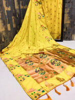 Yellow Banarasi Silk Saree with Golden Zari & Peacock Motifs - Elegant Festive & Wedding Wear