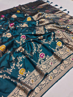 Teal Blue Banarasi Soft Silkwith Golden ZariMeenakari Weaving Saree
