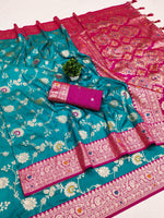 Graceful Firozi Banarasi Silk Saree with Pink Contrast Border Saree