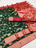 Elegant Green Banarasi Silk Saree with Red Contrast Border