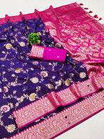 Royal Purple and Pink Banarasi Silk Saree with Zari Meenakari Weaving