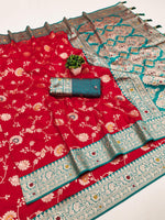 Graceful Red and Teal Banarasi Silk Saree Royal Statement saree for women