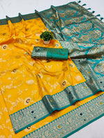 Elegant Yellow and Teal Banarasi Silk Saree Royal Ethnic Attire saree for women