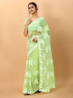 Light Green Soft Net Beads Work Motif net Embroidery Cut Work C-Pallu Saree