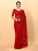 Red Soft Net Beads Work Motif net Embroidery Cut Work C-Pallu Saree