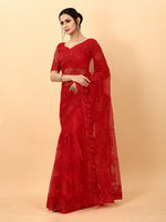 Red Soft Net Beads Work Motif net Embroidery Cut Work C-Pallu Saree