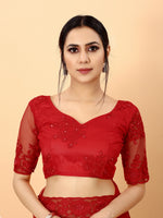 Red Soft Net Beads Work Motif net Embroidery Cut Work C-Pallu Saree