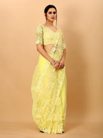 Yellow Net Beads Work Motif net Embroidery Cut Work C-Pallu Saree
