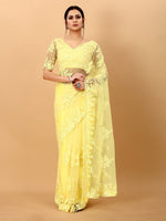 Yellow Net Beads Work Motif net Embroidery Cut Work C-Pallu Saree