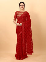 Red Color Ethnic Motif Bordr Beads Work All Over Net Embroidery Party wear Saree