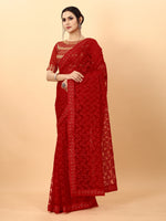 Red Color Ethnic Motif Bordr Beads Work All Over Net Embroidery Party wear Saree
