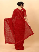 Red Color Ethnic Motif Bordr Beads Work All Over Net Embroidery Party wear Saree