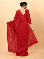 Red Color Ethnic Motif Borer Beads Work All Over Net Embroidery Party wear Saree