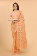 Orange Soft Net Light Color Ethnic Motif Net Embroidery Party wear C-Pallu Saree