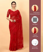Red Soft Net Beads Work Motif net Embroidery Cut Work C-Pallu Saree