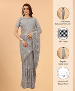 Soft Net Grey Color Ethnic Motif Net Embroidery Party wear C-Pallu Saree