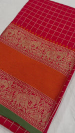 Red SoftBanarasi Silk Saree with Golden Zari and all over Chex Weaving and Rich Pallu saree for women