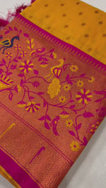 Yellow And Pink Border Zari Weaving Paithani Soft Silk Saree with Tassels