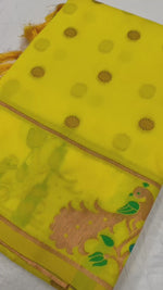 Yellow Banarasi Silk Saree with Golden Zari & Peacock Motifs - Elegant Festive & Wedding Wear